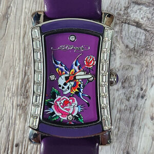 Ed Hardy Quartz Skull Butterfly Rose Leather Purple Watch Japanese Mvmt 3ATM HTF
